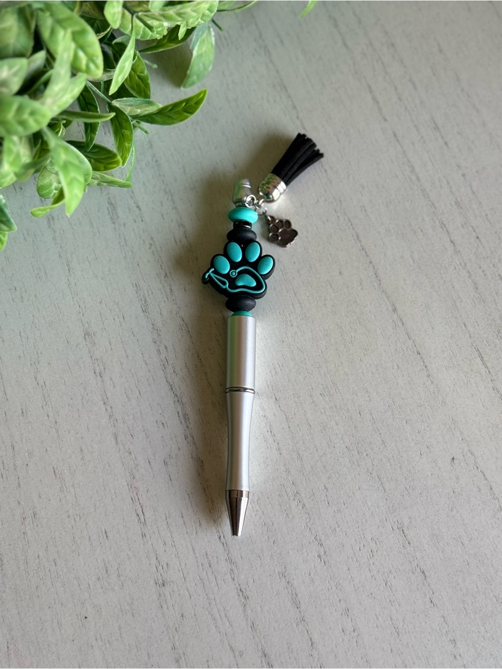 Silver Pen with Turquoise Paw Charm and Tassel - Pet Lover Accent